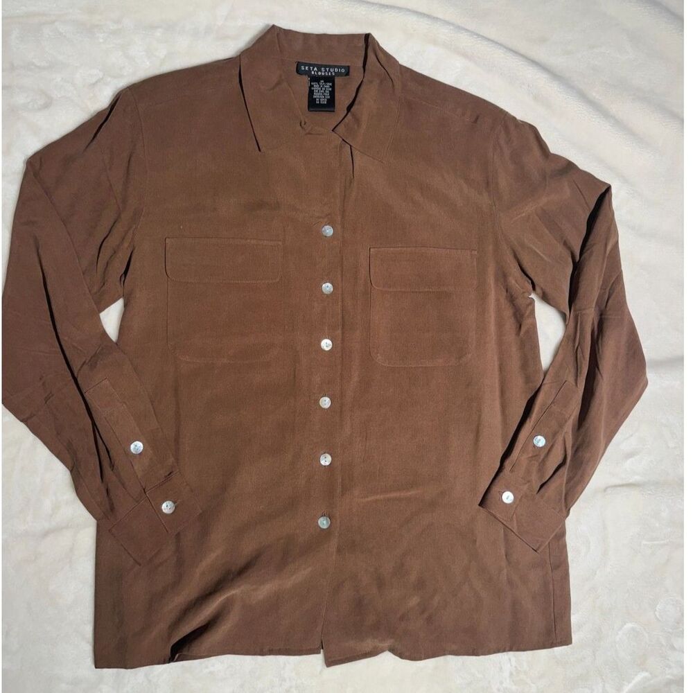 Seta Studio 100% Silk Brown Button Down Blouse M 90s Minimalist